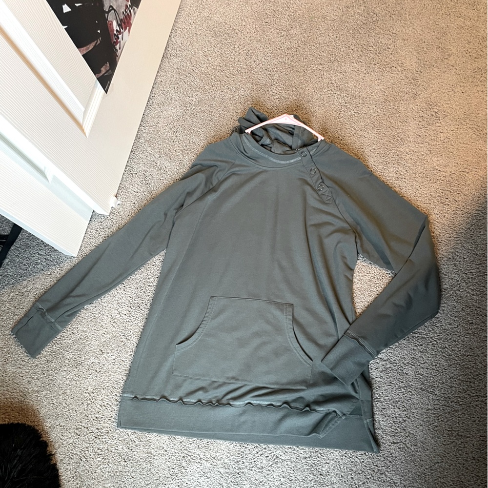 Sage colored light hoodie from Maurices with bottons.